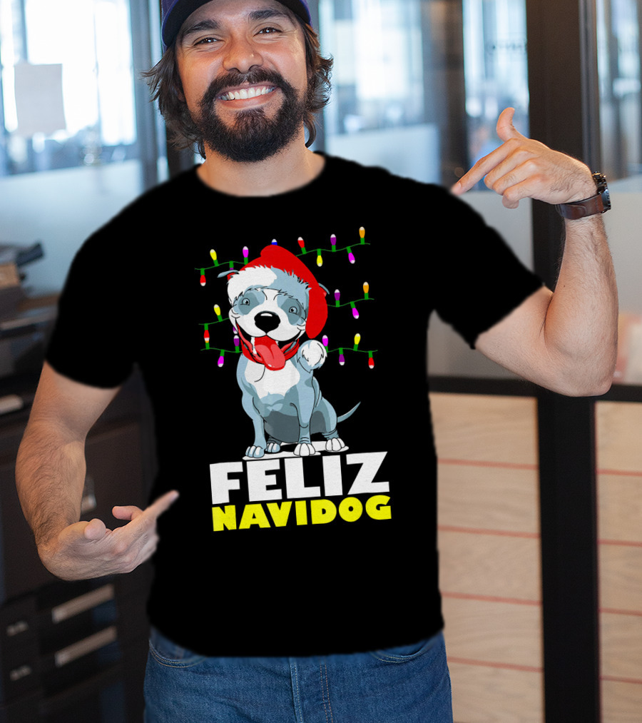 Feliz Navidog Pitbull In Santa Hat With Christmas Lights T-Shirt