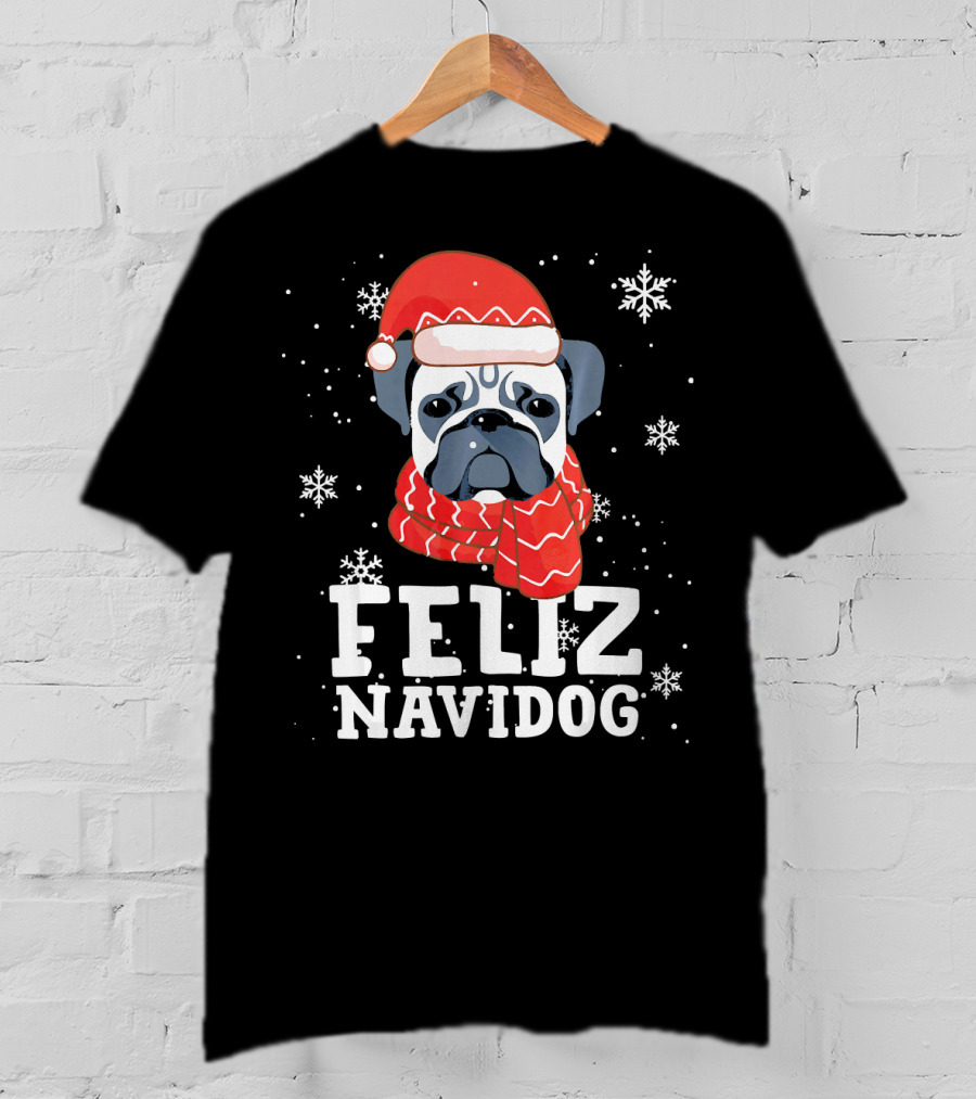 Feliz Navidog Pug Dog With Santa Hat And Scarf Snowflakes T-Shirt