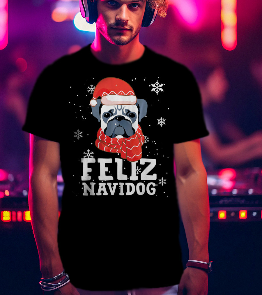 Feliz Navidog Pug Dog With Santa Hat And Scarf Snowflakes T-Shirt
