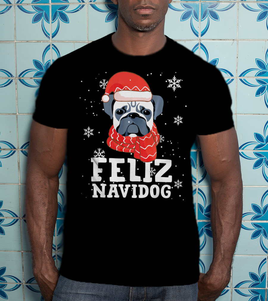 Feliz Navidog Pug Dog With Santa Hat And Scarf Snowflakes T-Shirt