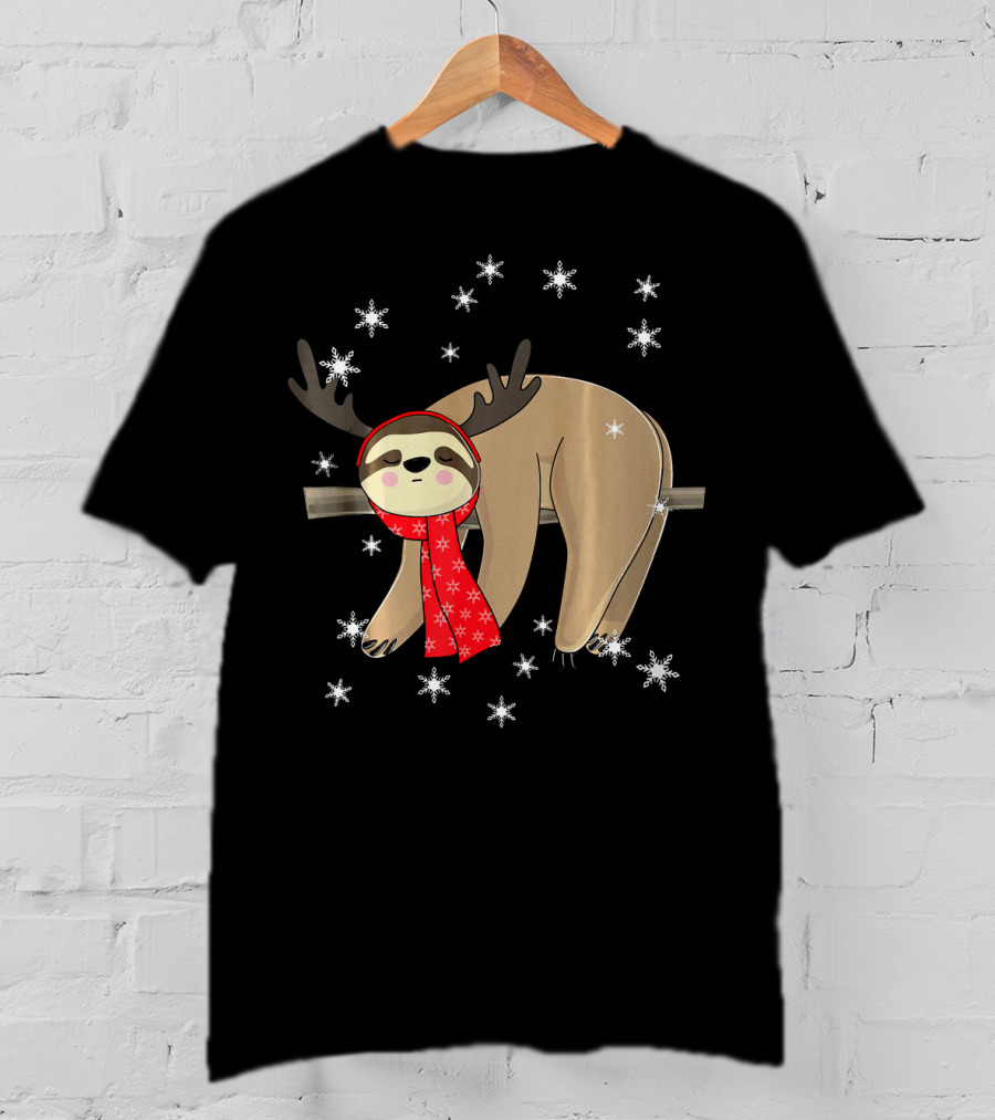 Funny Christmas Sloth Cute Sloth With Antlers And Red Scarf Surrounded By Snowflakes T-Shirt
