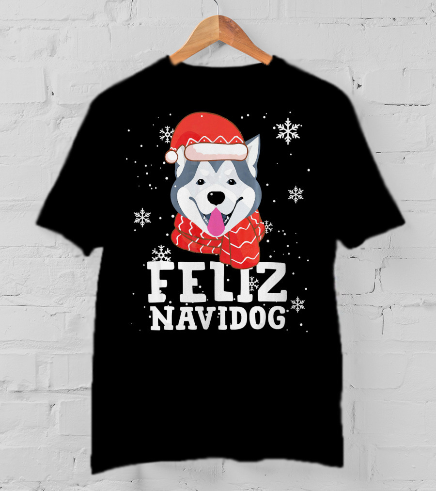 Feliz Navidog Husky Siberian Dog Festive Holiday Santa Hat And Snowflakes T-Shirt