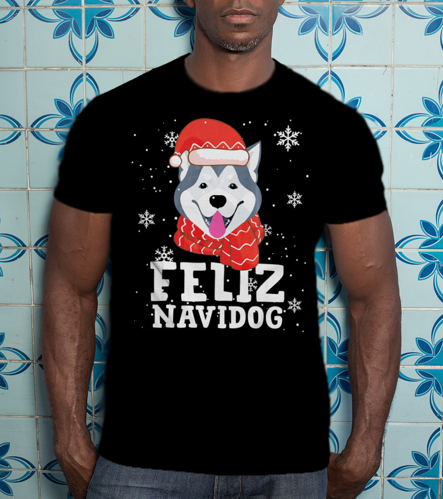 Feliz Navidog Husky Siberian Dog Festive Holiday Santa Hat And Snowflakes T-Shirt
