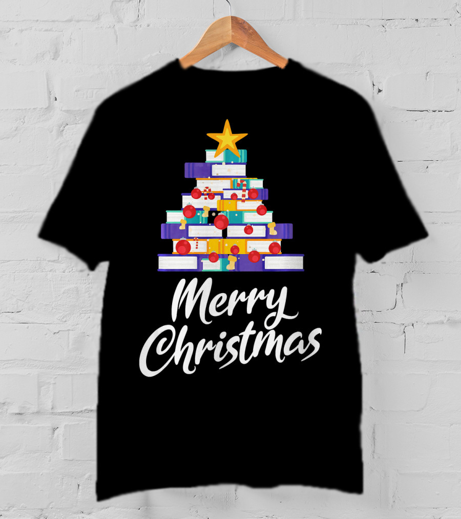 Merry Christmas Tree Stack Of Books Holiday Decor T-Shirt