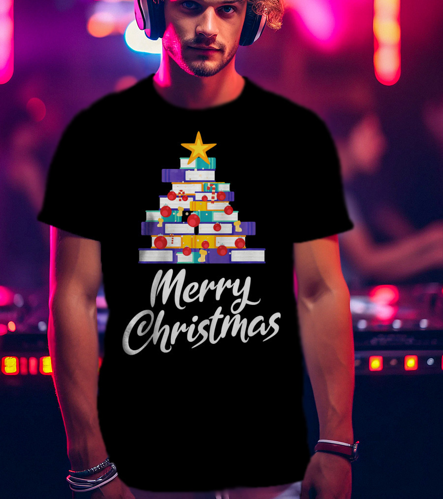 Merry Christmas Tree Stack Of Books Holiday Decor T-Shirt