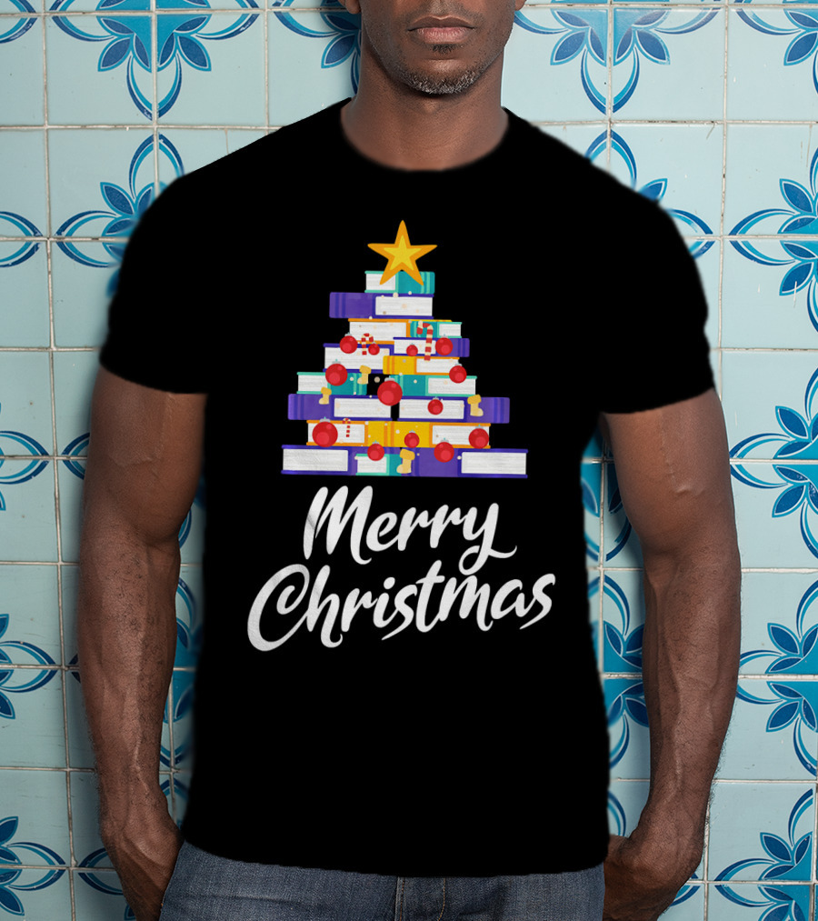 Merry Christmas Tree Stack Of Books Holiday Decor T-Shirt