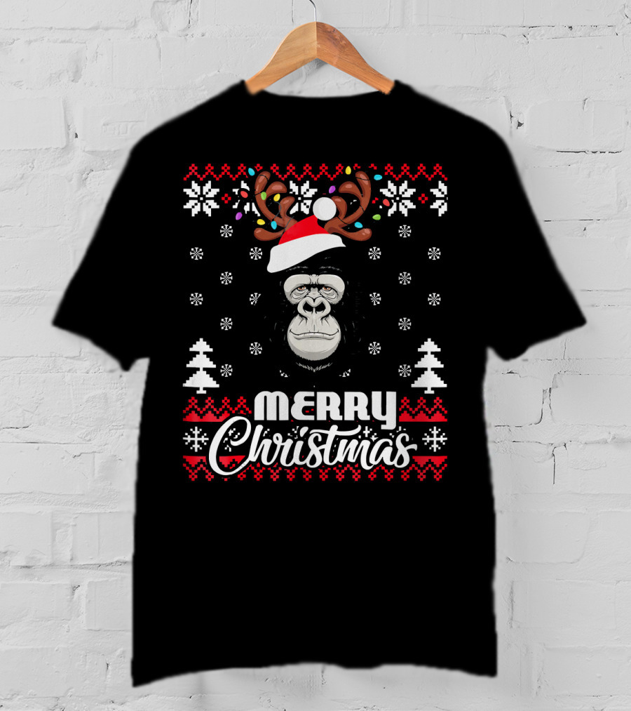 Gorilla Santa Hat Antler Merry Christmas UglySt T-Shirt