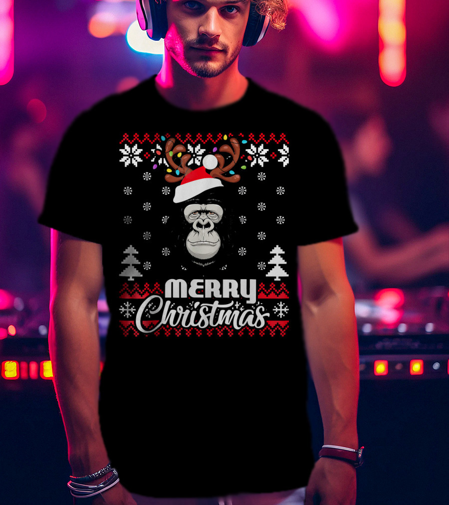 Gorilla Santa Hat Antler Merry Christmas UglySt T-Shirt