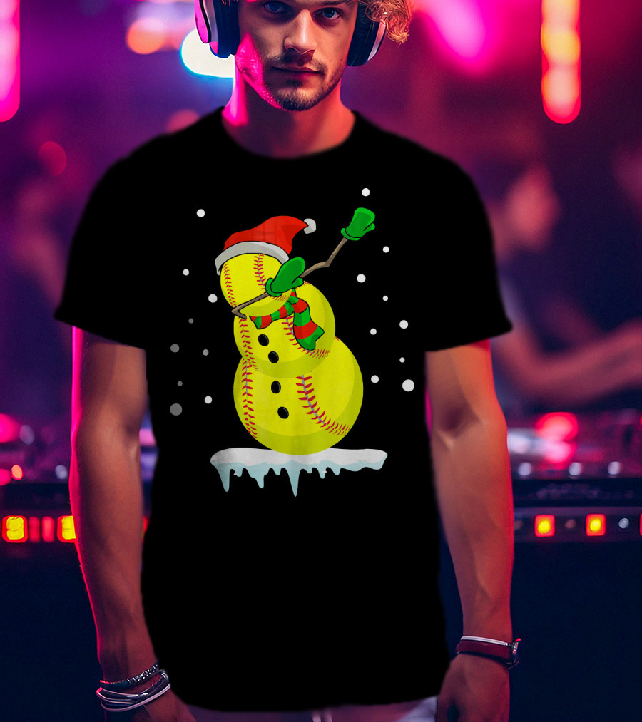 Dabbing Snowman Softball Christmas Fun T-Shirt