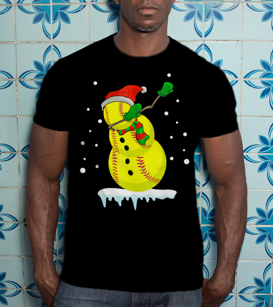 Dabbing Snowman Softball Christmas Fun T-Shirt