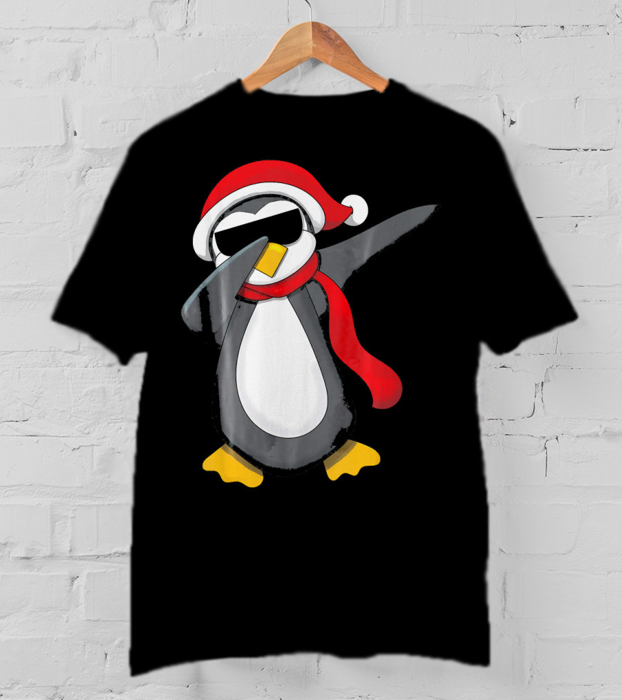 Dabbing Penguin Christmas Mornin Santa Hat Scarf Holiday Fun T-Shirt