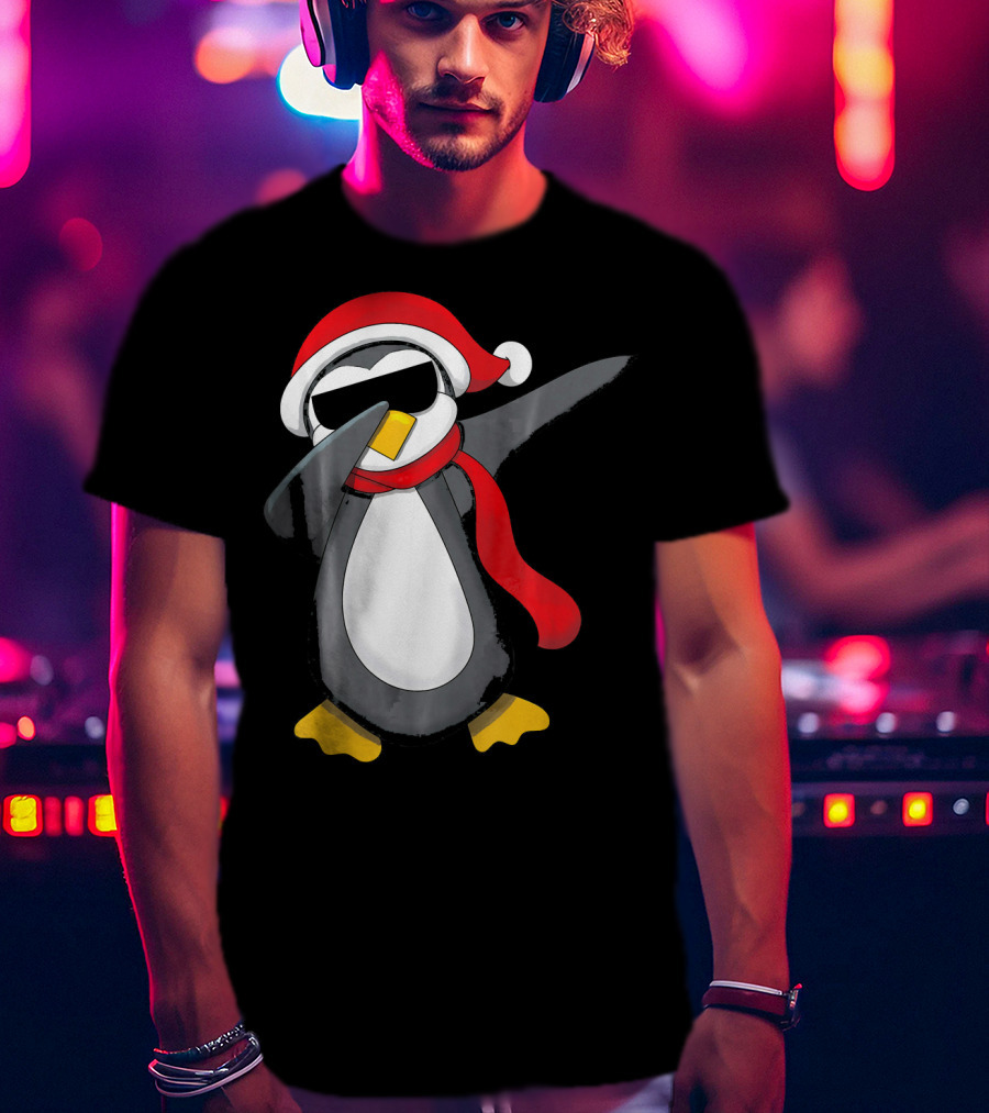 Dabbing Penguin Christmas Mornin Santa Hat Scarf Holiday Fun T-Shirt