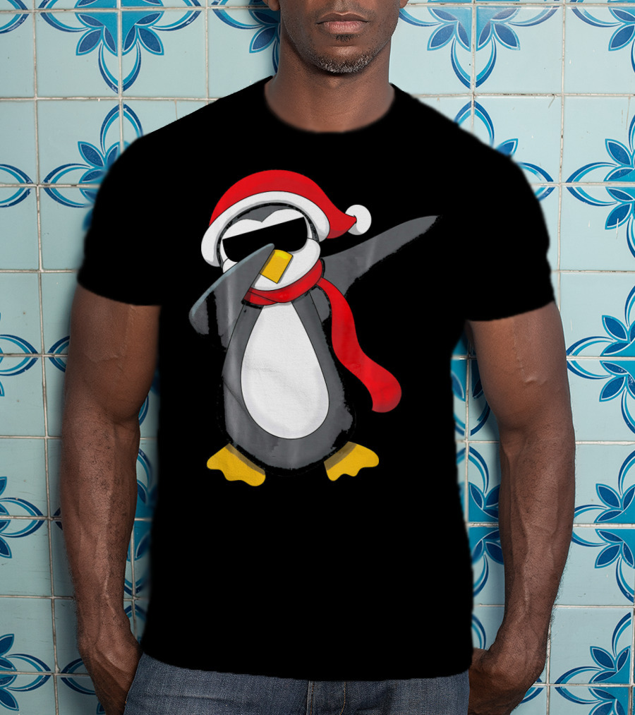 Dabbing Penguin Christmas Mornin Santa Hat Scarf Holiday Fun T-Shirt