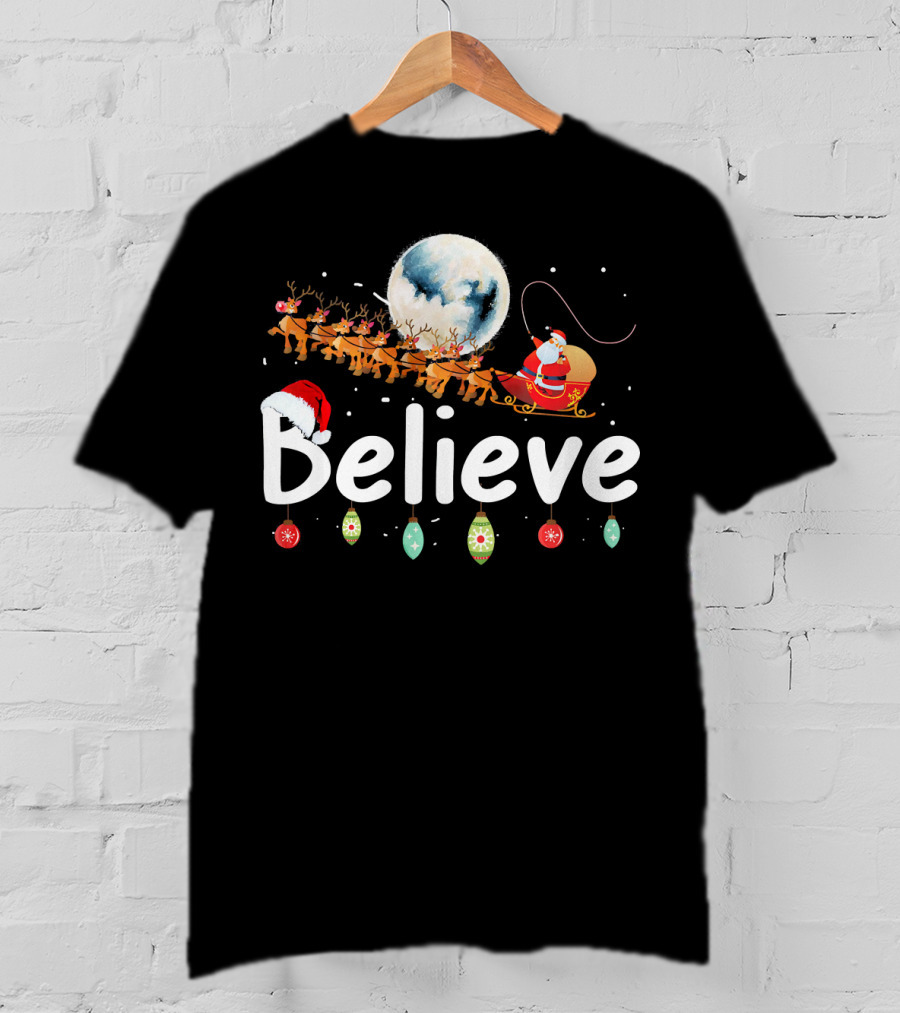 Believe Santa Sleigh Reindeer Moon Christmas Xmas T-Shirt