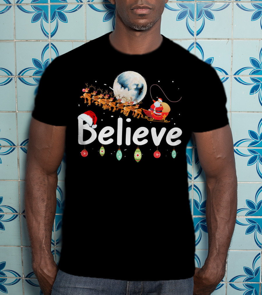 Believe Santa Sleigh Reindeer Moon Christmas Xmas T-Shirt