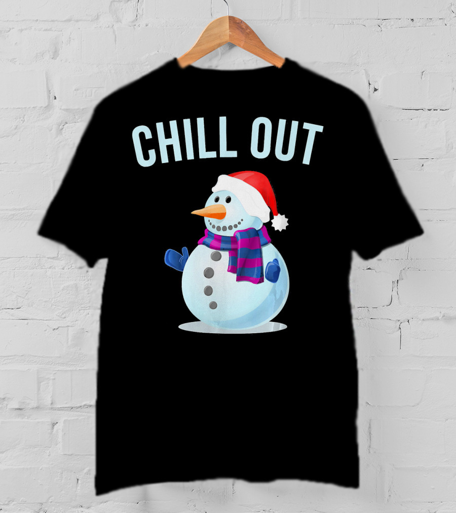 Chill Out Snowman Santa Hat And Scarf Winter Vibes T-Shirt