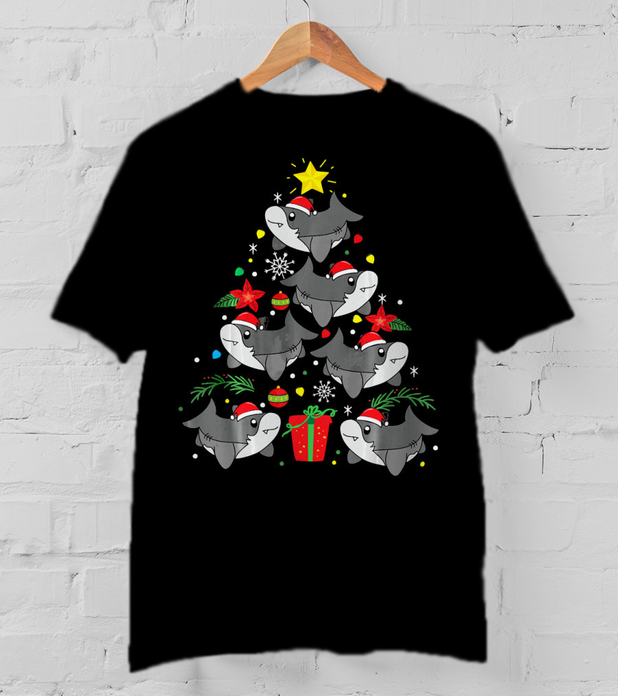 Shark Christmas Tree With Santa Hats And Ornaments T-Shirt