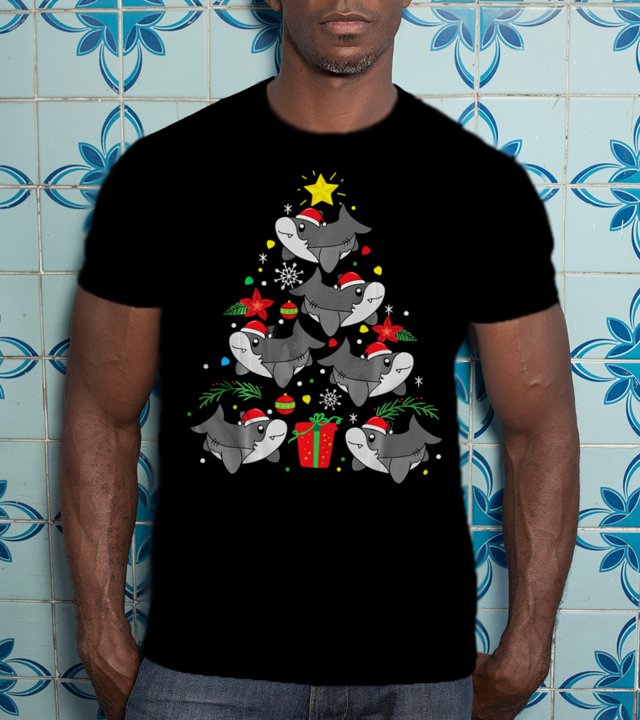 Shark Christmas Tree With Santa Hats And Ornaments T-Shirt