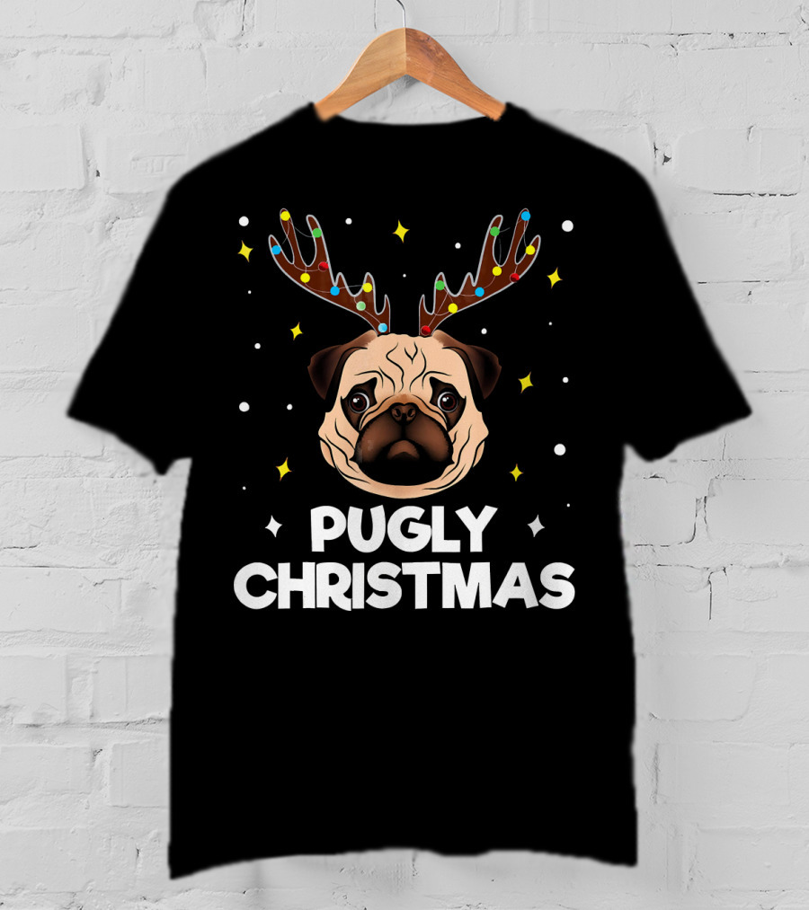 Pugly Christmas Pug Lover Me Reindeer Lights T-Shirt
