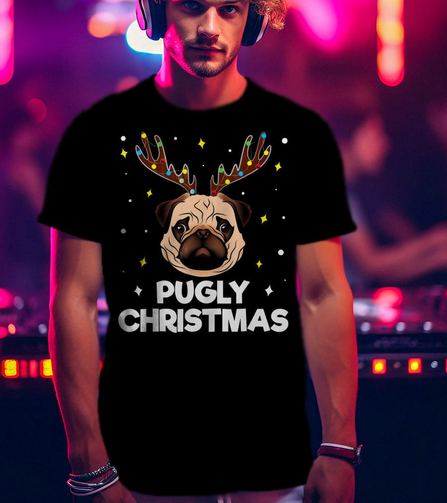 Pugly Christmas Pug Lover Me Reindeer Lights T-Shirt