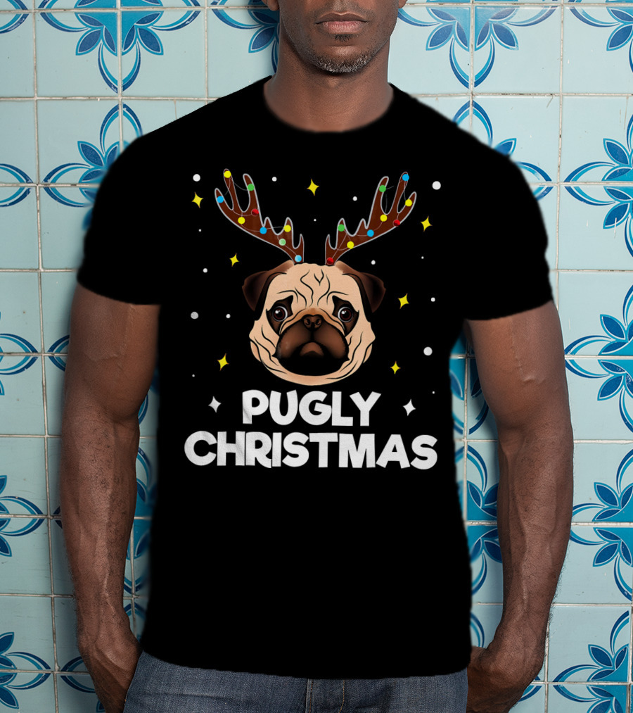 Pugly Christmas Pug Lover Me Reindeer Lights T-Shirt