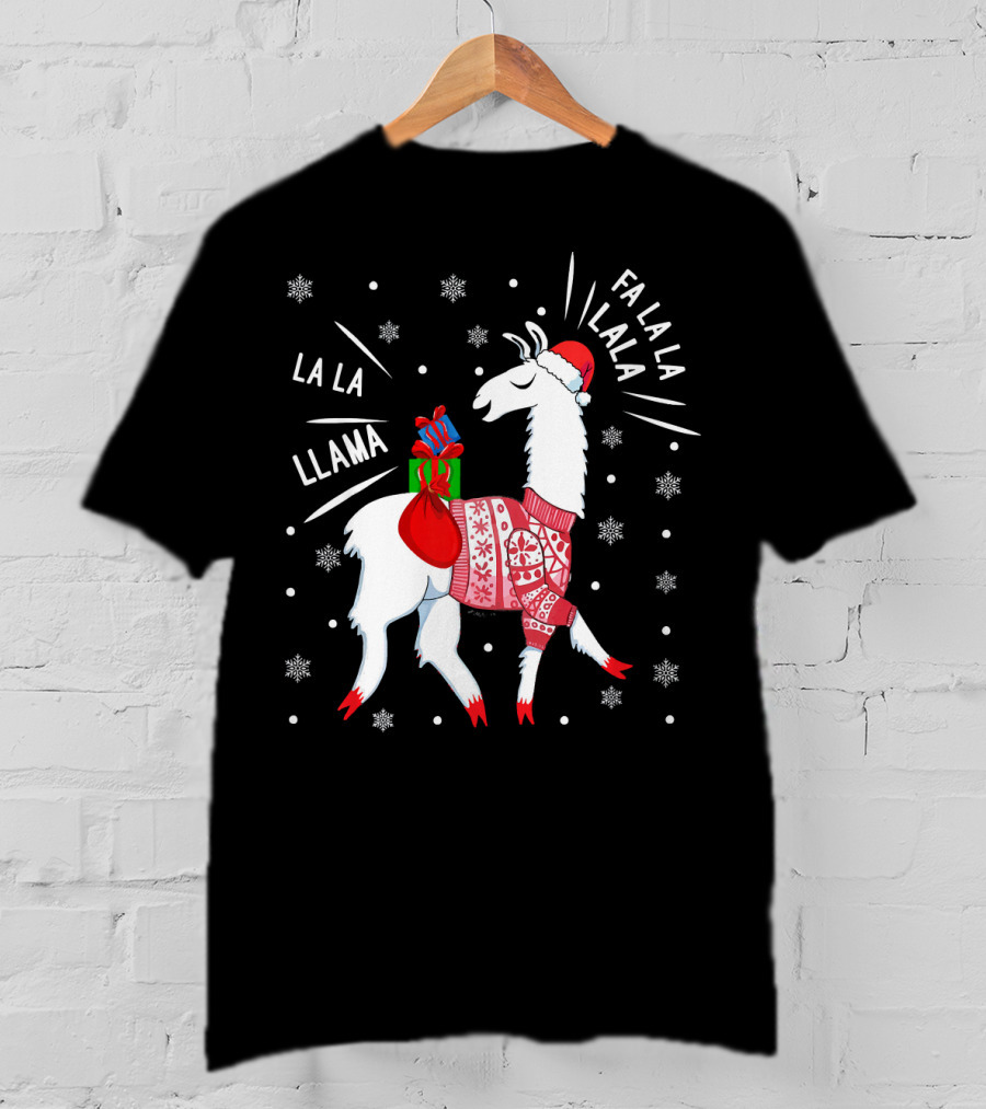 Fa La La Fa La La La La Llama Christmas Santa Hat Sweater Snowflakes T-Shirt