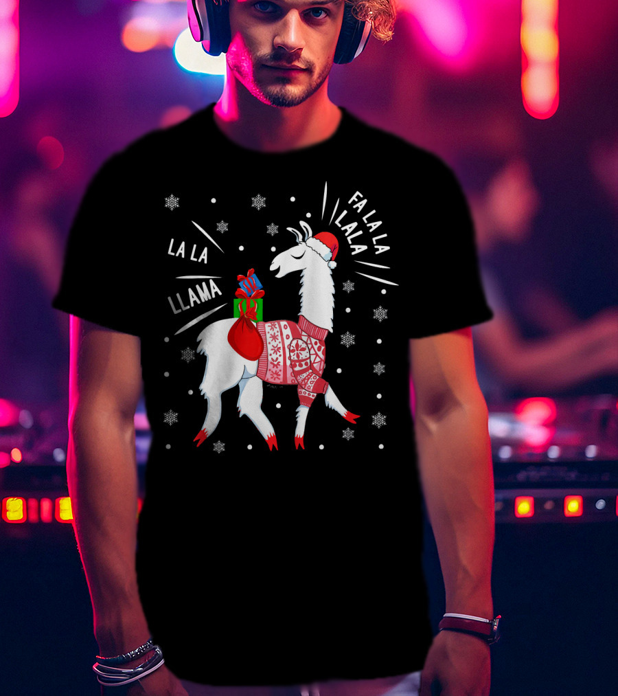 Fa La La Fa La La La La Llama Christmas Santa Hat Sweater Snowflakes T-Shirt