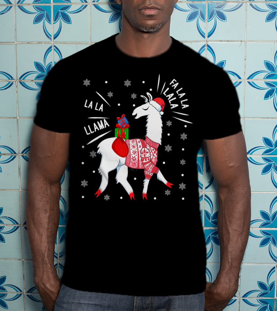 Fa La La Fa La La La La Llama Christmas Santa Hat Sweater Snowflakes T-Shirt
