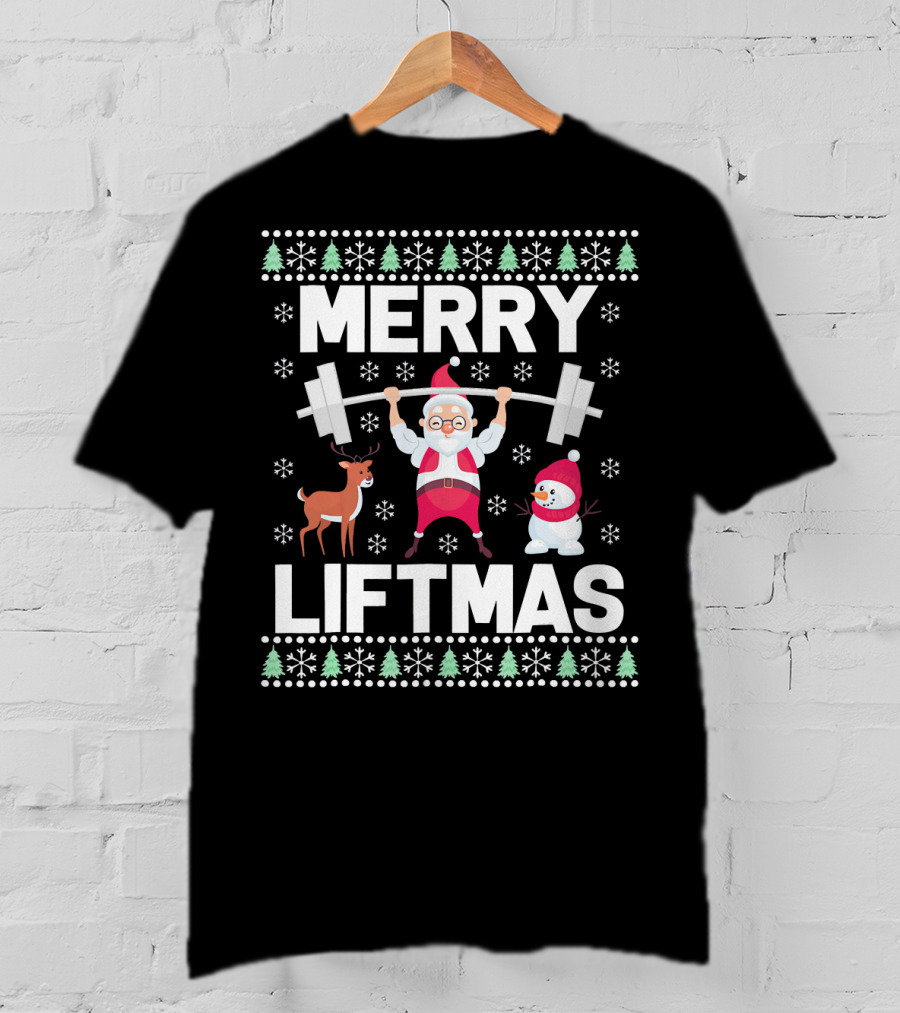 Merry Liftmas Santa Lifting Weights With Reindeer Snowman Christmas T-Shirt