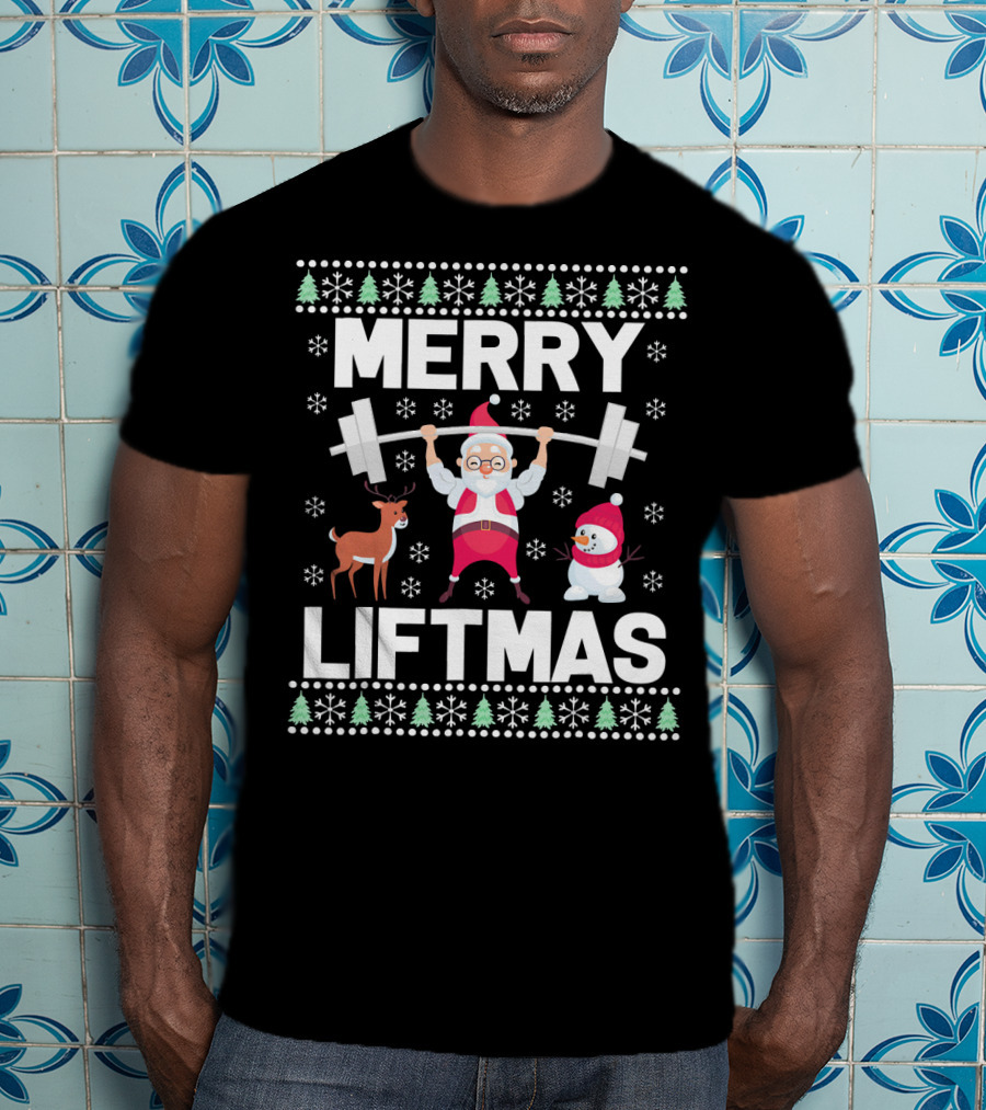 Merry Liftmas Santa Lifting Weights With Reindeer Snowman Christmas T-Shirt