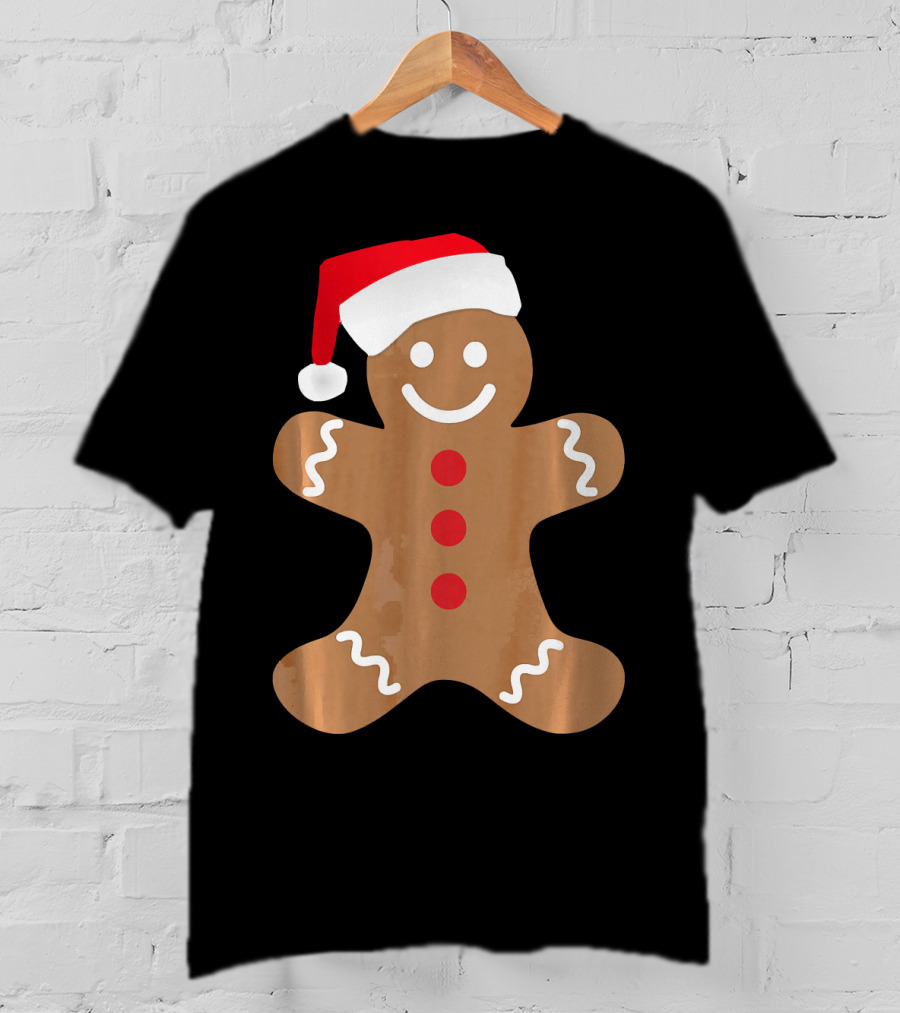 Gingerbread Man With Santa Hat Christmas T-Shirt