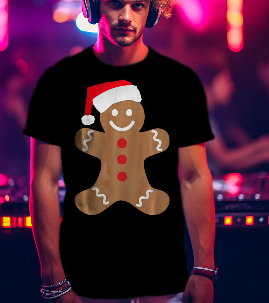 Gingerbread Man With Santa Hat Christmas T-Shirt