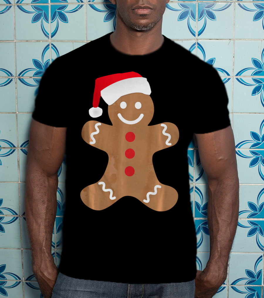Gingerbread Man With Santa Hat Christmas T-Shirt