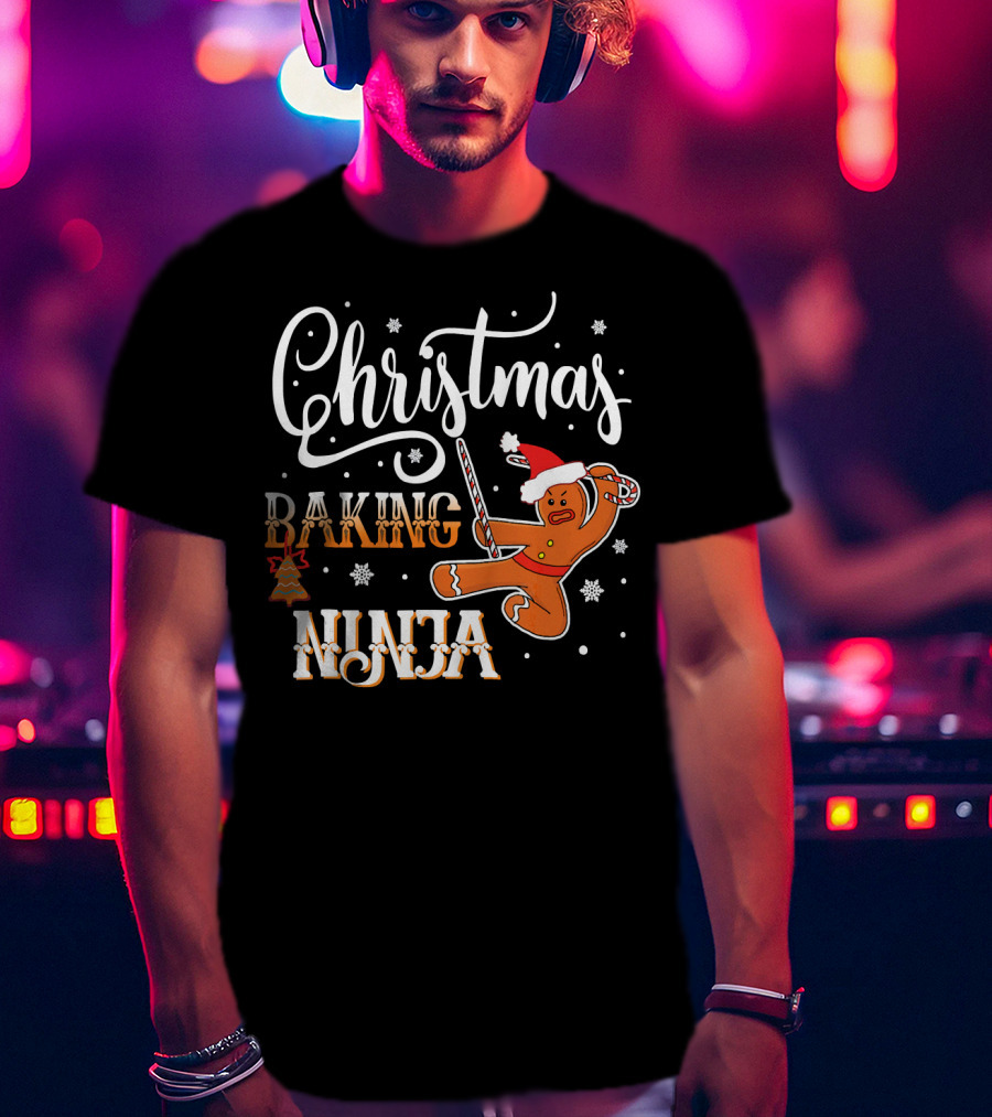 Christmas Baking Ninja Gingerbread With Santa Hat And Candy Cane T-Shirt