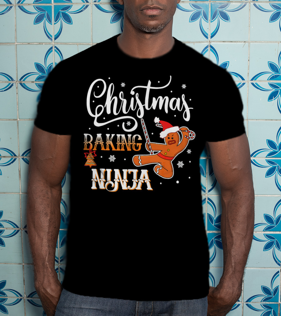 Christmas Baking Ninja Gingerbread With Santa Hat And Candy Cane T-Shirt