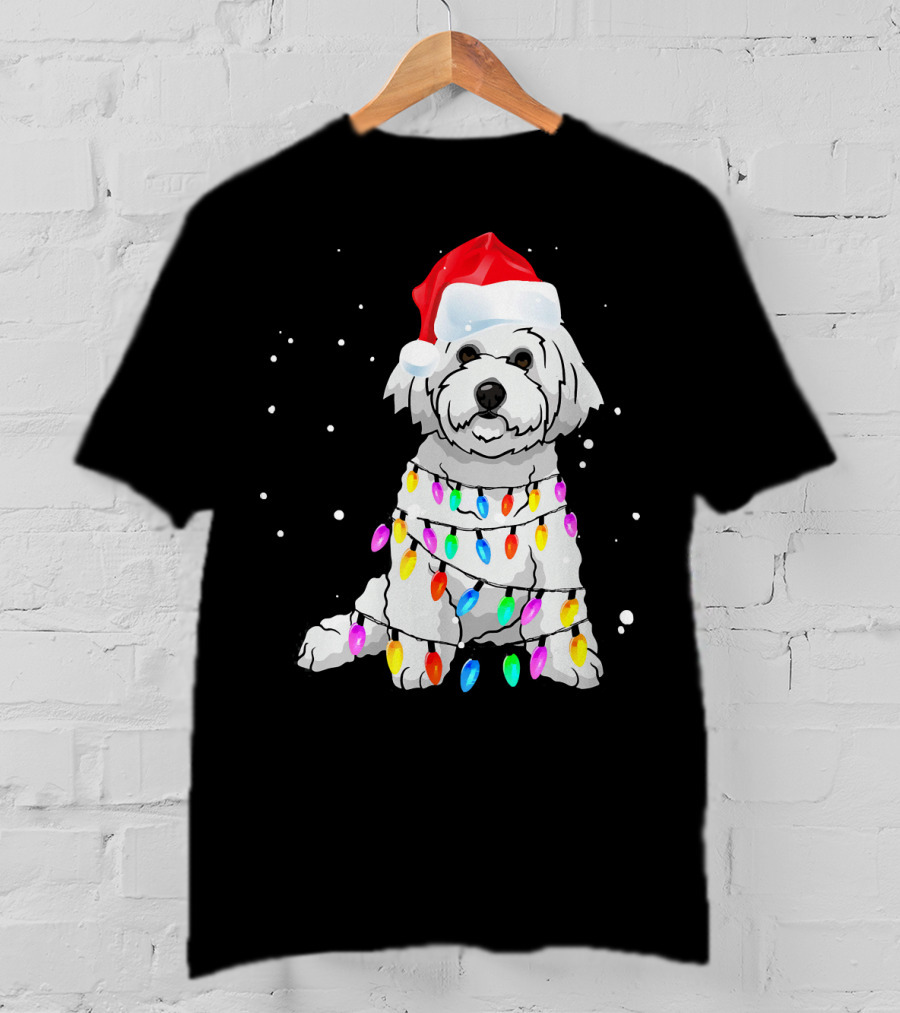 Bichon Frise With Christmas Lights And Santa Hat T-Shirt