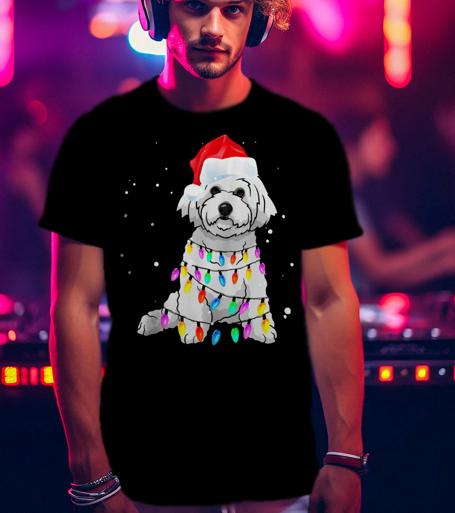 Bichon Frise With Christmas Lights And Santa Hat T-Shirt