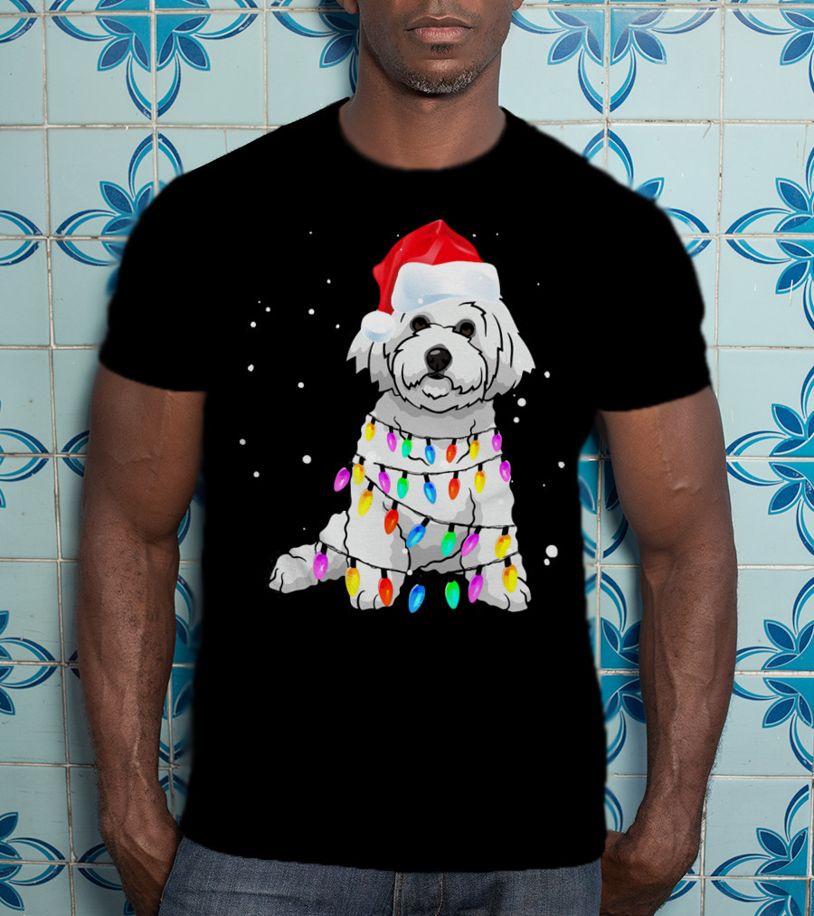 Bichon Frise With Christmas Lights And Santa Hat T-Shirt