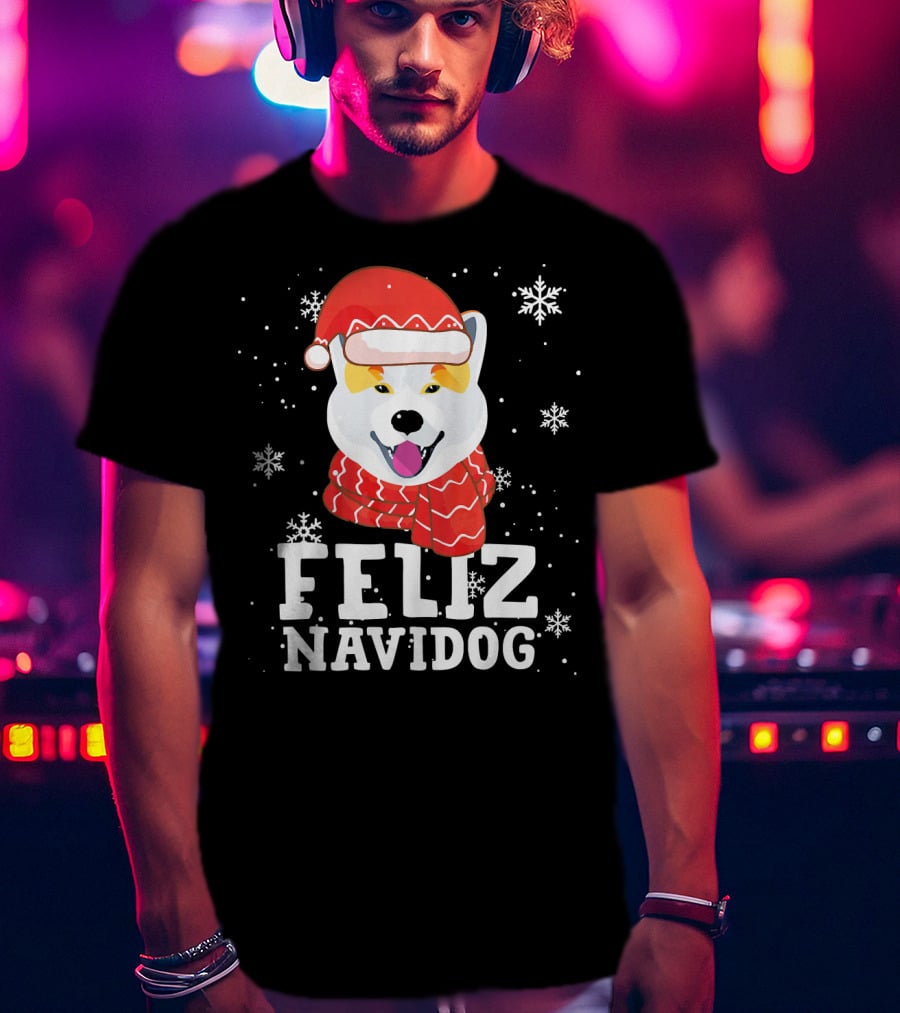 Feliz Navidog Shiba Inu Santa Hat Snowflakes T-Shirt