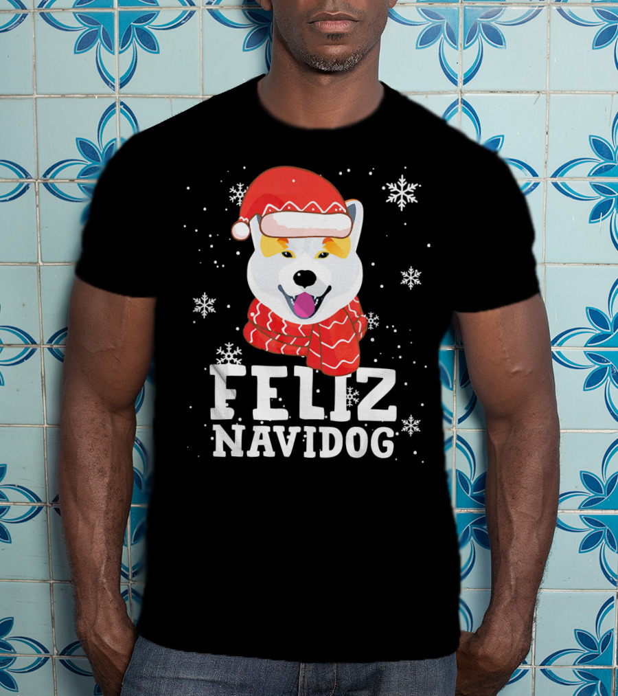 Feliz Navidog Shiba Inu Santa Hat Snowflakes T-Shirt