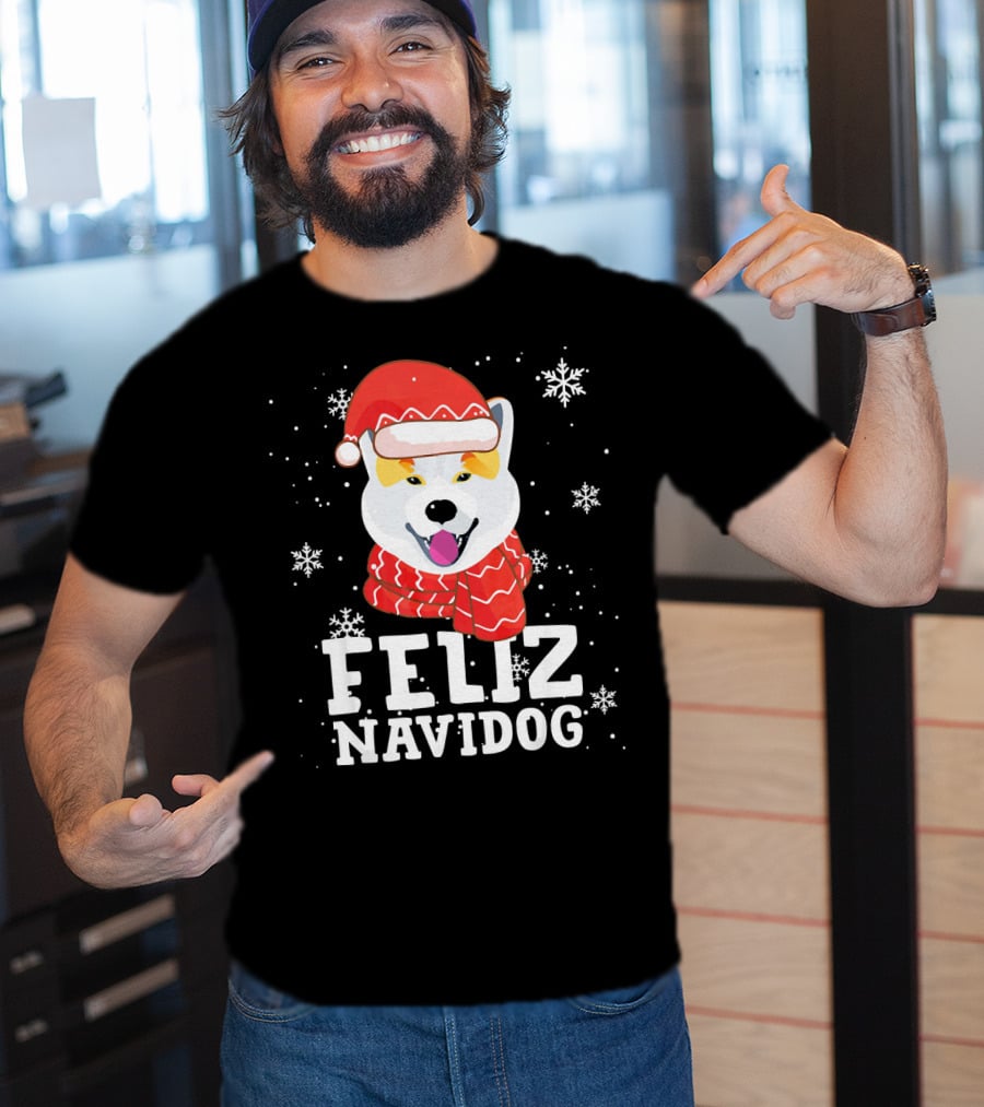 Feliz Navidog Shiba Inu Santa Hat Snowflakes T-Shirt