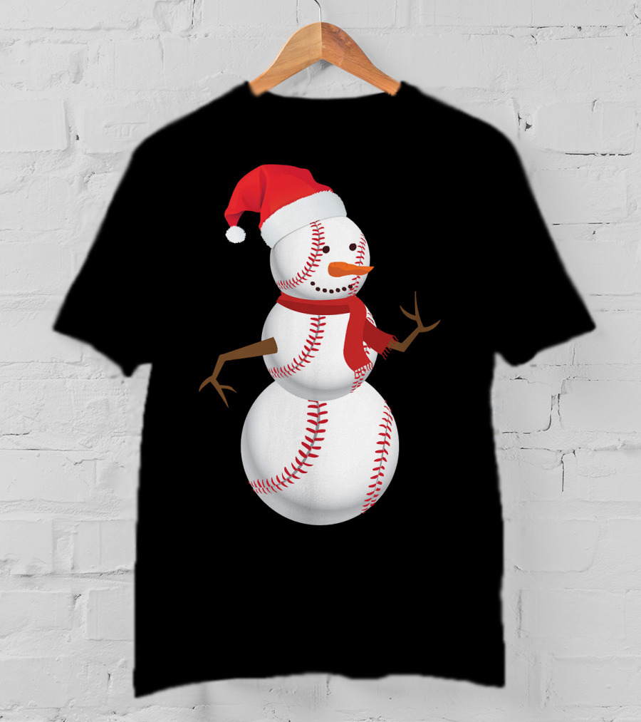 Snowman Made Of Baseballs With Santa Hat And Scarf T-Shirt