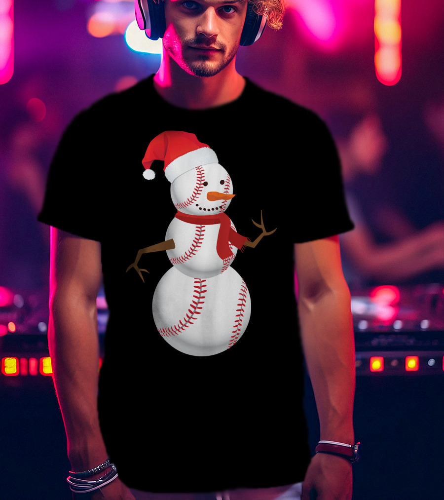 Snowman Made Of Baseballs With Santa Hat And Scarf T-Shirt