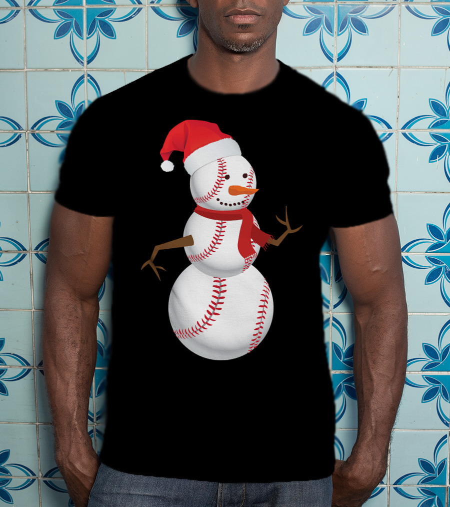 Snowman Made Of Baseballs With Santa Hat And Scarf T-Shirt