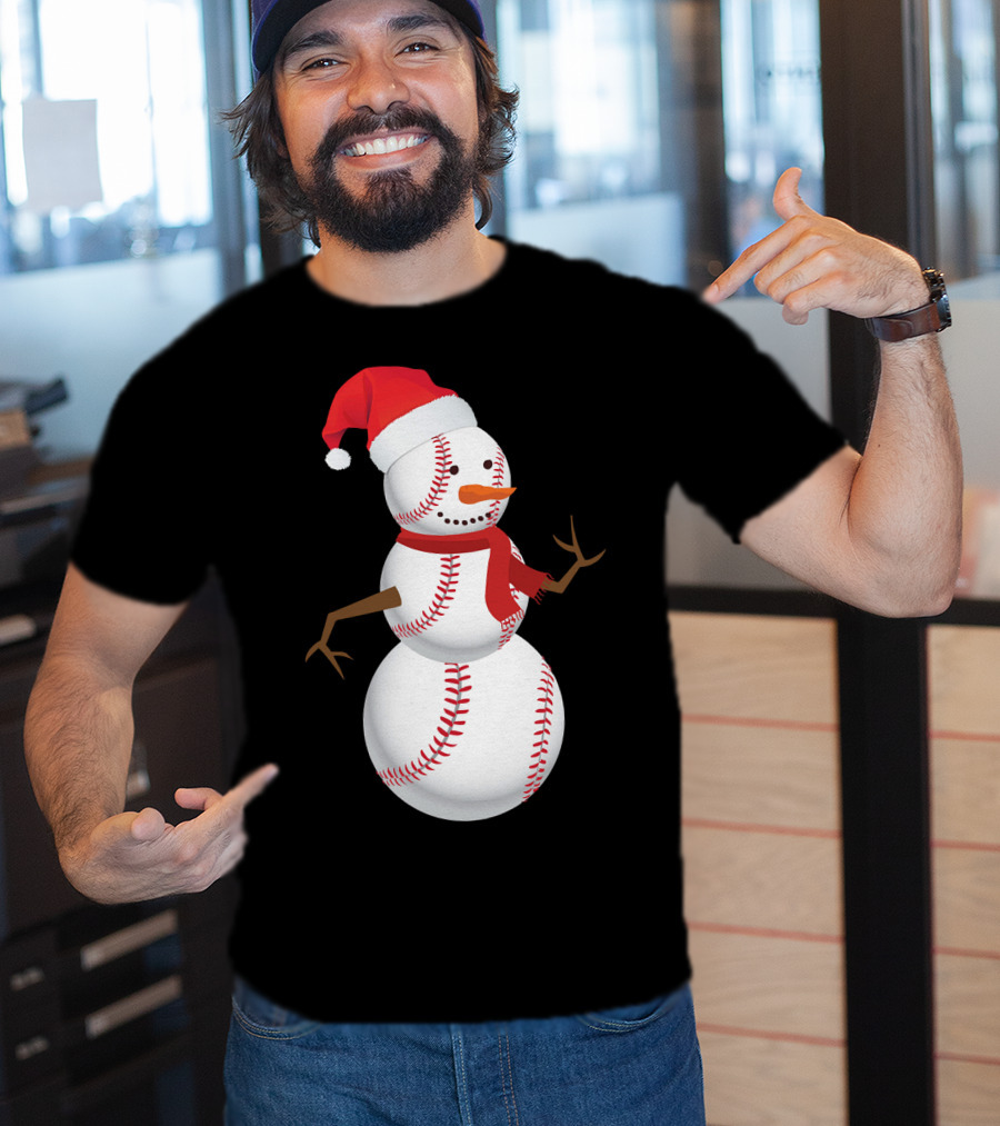 Snowman Made Of Baseballs With Santa Hat And Scarf T-Shirt