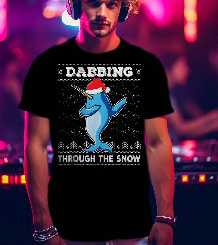 Dabbing Through The Snow Narwhal With Santa Hat T-Shirt