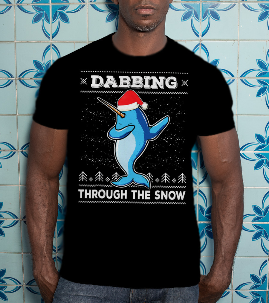 Dabbing Through The Snow Narwhal With Santa Hat T-Shirt