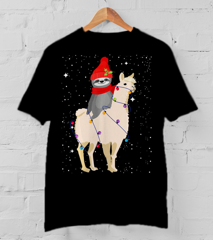 Sloth In Red Beanie And Scarf Riding Llama With Christmas Lights T-Shirt