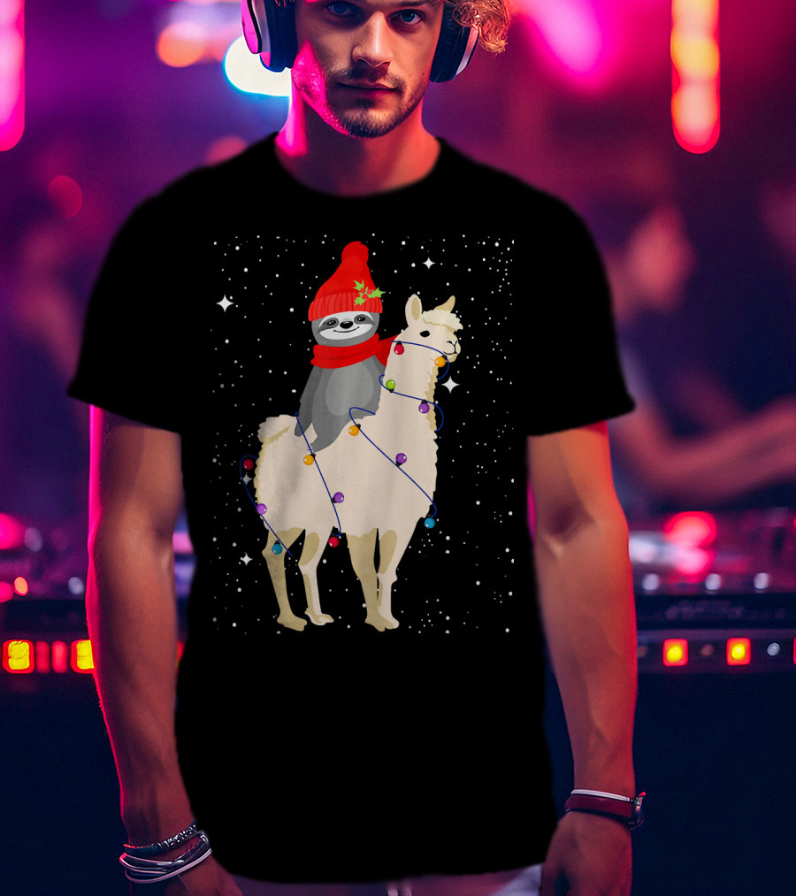 Sloth In Red Beanie And Scarf Riding Llama With Christmas Lights T-Shirt