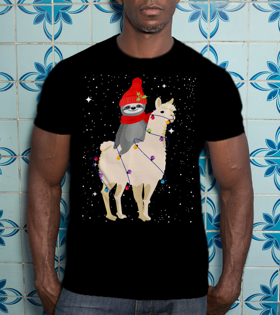 Sloth In Red Beanie And Scarf Riding Llama With Christmas Lights T-Shirt
